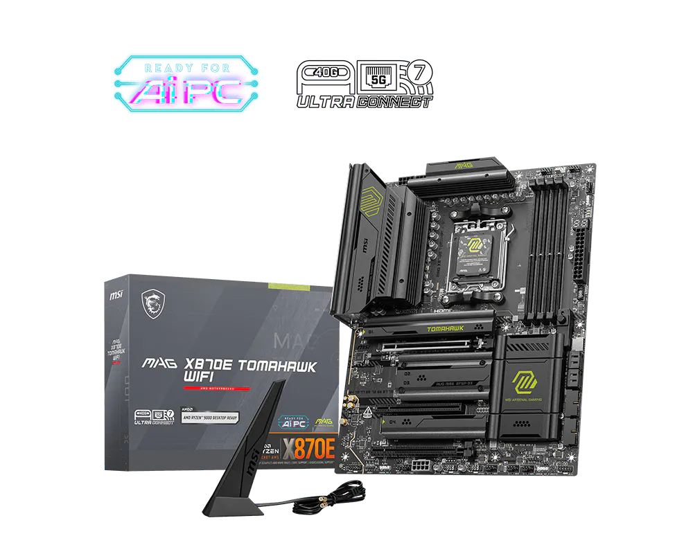 MSI MAG X870E TOMAHAWK WIFI AM5 ,Ryzen 9000/8000/7000 ,4x DDR5 4800–8000+ OC ,4x M.2 slot ,RAID 0/1/10 for NVMe ,3x PCI-E x16 slot (PCIe 5.0/4.0),Wi-F