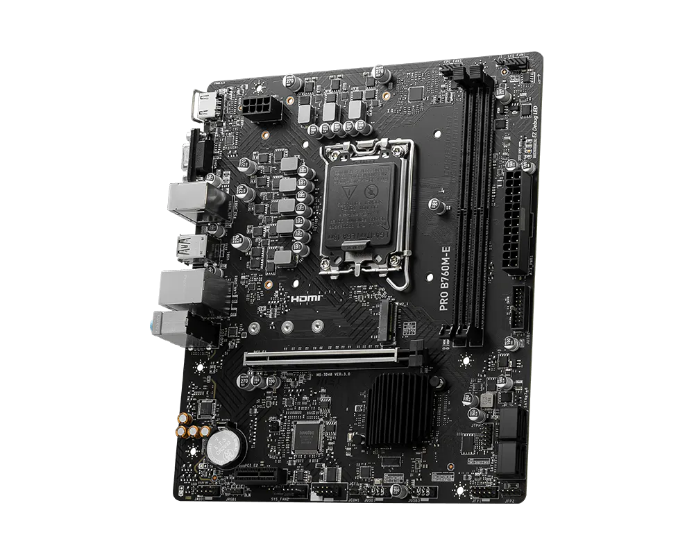 MSI B760M-E DDR5 LGA1700 ,Intel 14th/13th/12th Gen ,2x DDR5 5200+ ,1x M.2 (PCIe 4.0) ,No RAID ,1x PCI-E x16 (PCIe 4.0)