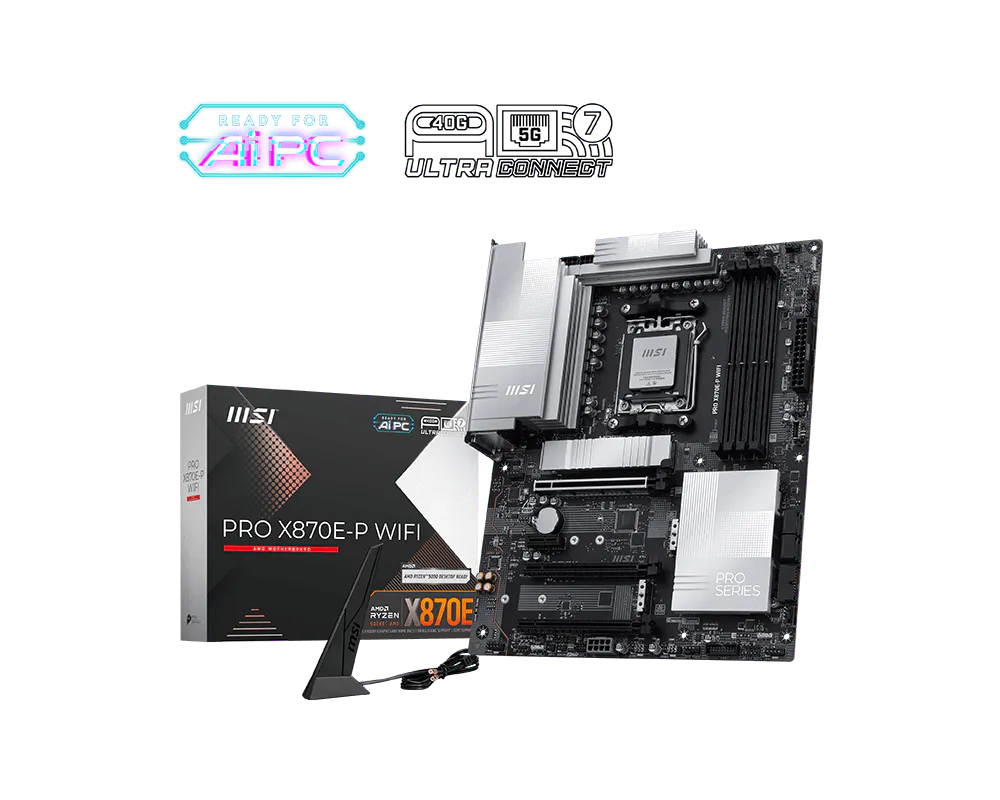 MSI PRO X870E-P WIFI AM5 ,Ryzen 9000/8000/7000 ,4x DDR5 4800–8000+ OC ,4x M.2 slot (PCIe 5.0/4.0) ,RAID 0/1/10 for NVMe ,2x PCI-E x16 slot (PCIe 5.0/4